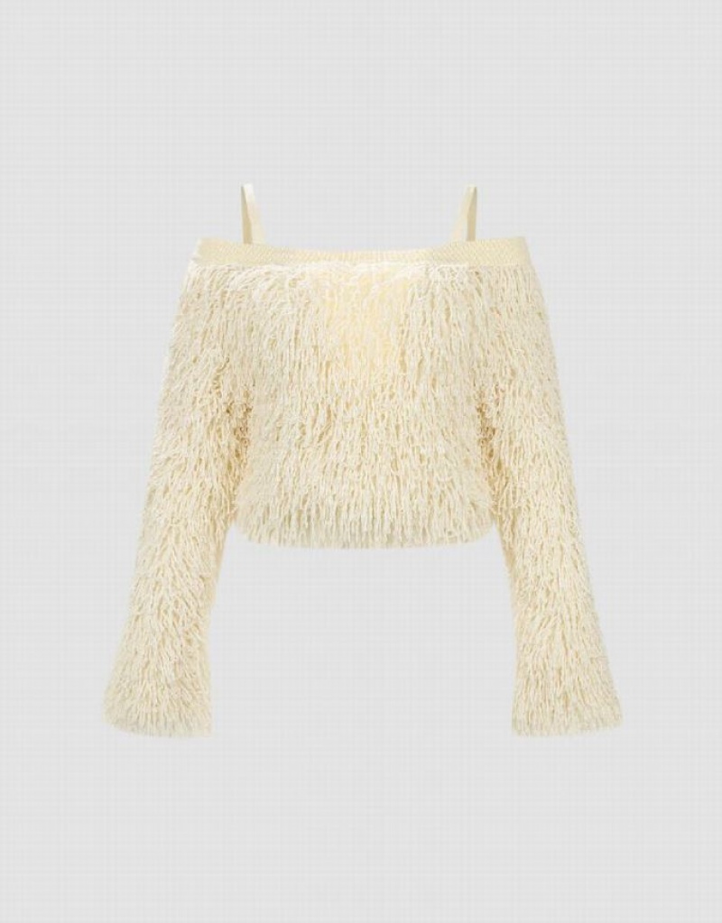 White Urban Revivo Off-Shoulder Knitted Skinny Women's Cardigan | EUYZLF-128
