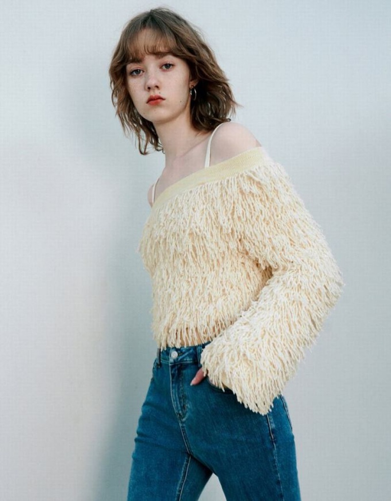 White Urban Revivo Off-Shoulder Knitted Skinny Women\'s Cardigan | EUYZLF-128