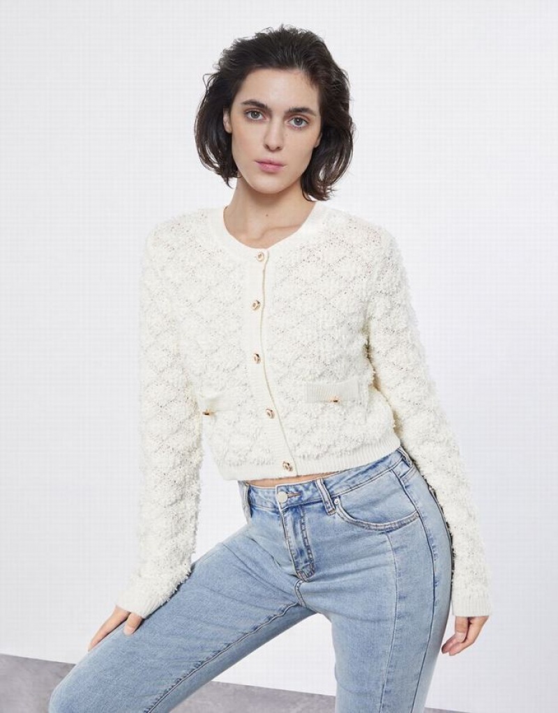 White Urban Revivo Plaid Button Up Knit Women's Cardigan | FWVTOH-926