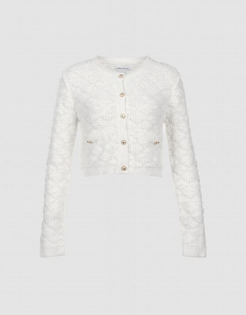 White Urban Revivo Plaid Button Up Knit Women\'s Cardigan | FWVTOH-926