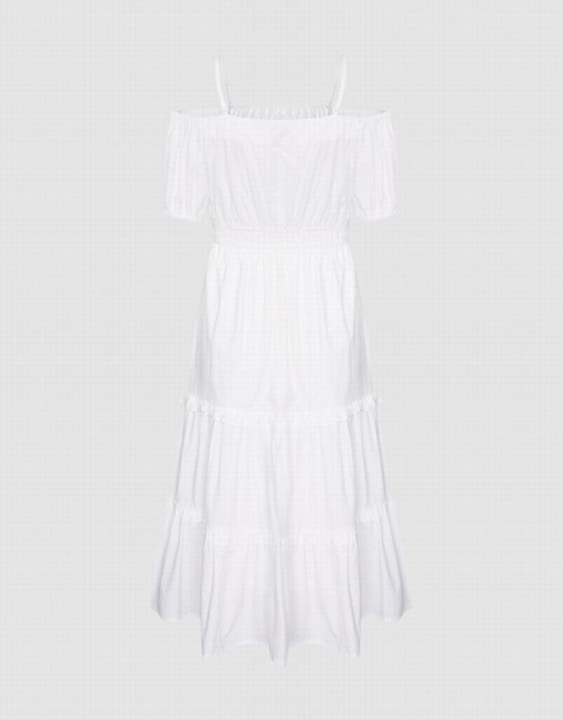 White Urban Revivo Plain Cold Shoulder Tiered Midi Women's Midi Dress | LSHAMP-247