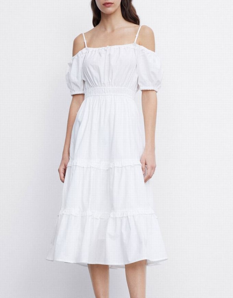 White Urban Revivo Plain Cold Shoulder Tiered Midi Women's Midi Dress | LSHAMP-247