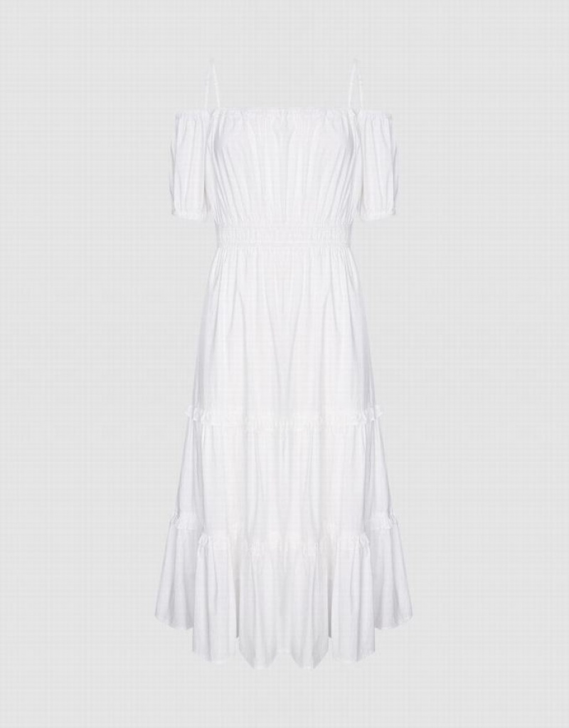 White Urban Revivo Plain Cold Shoulder Tiered Midi Women\'s Midi Dress | LSHAMP-247