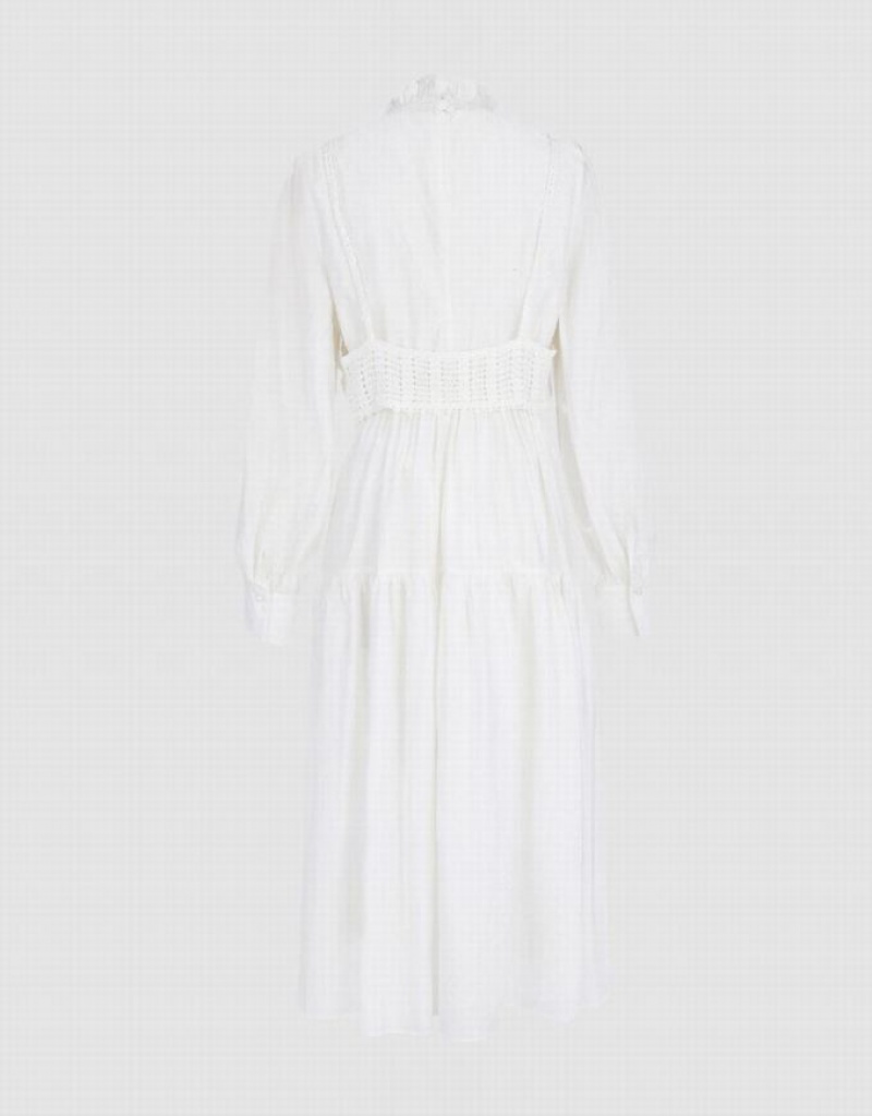 White Urban Revivo Plain Frill Trim Puff Sleeve Women's Casual Dress | CKGXTD-948