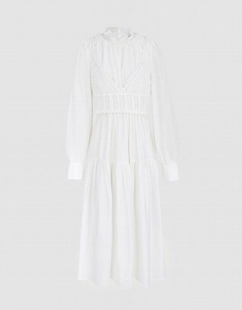 White Urban Revivo Plain Frill Trim Puff Sleeve Women\'s Casual Dress | CKGXTD-948