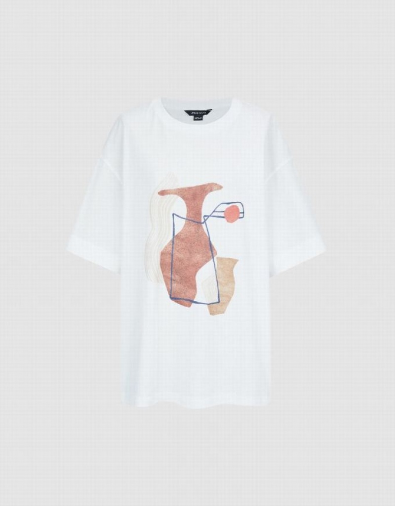 White Urban Revivo Printed Crew Neck Loose Women's T-Shirts | VYUTCB-812
