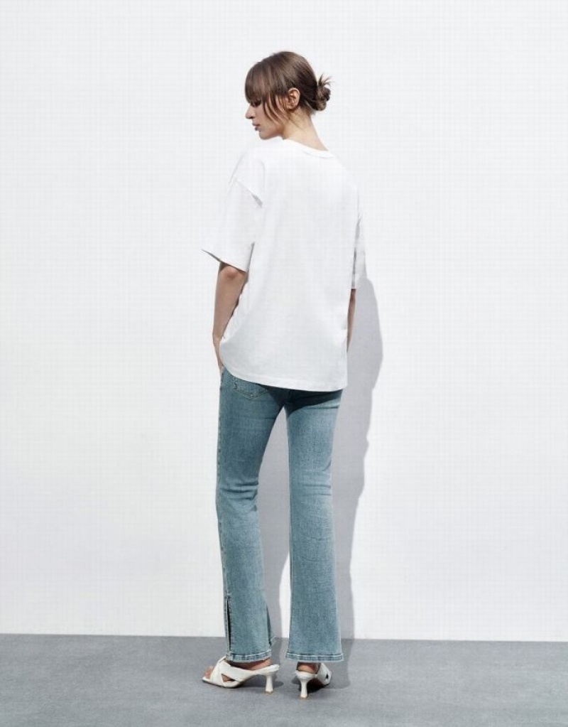 White Urban Revivo Printed Crew Neck Loose Women's T-Shirts | VYUTCB-812