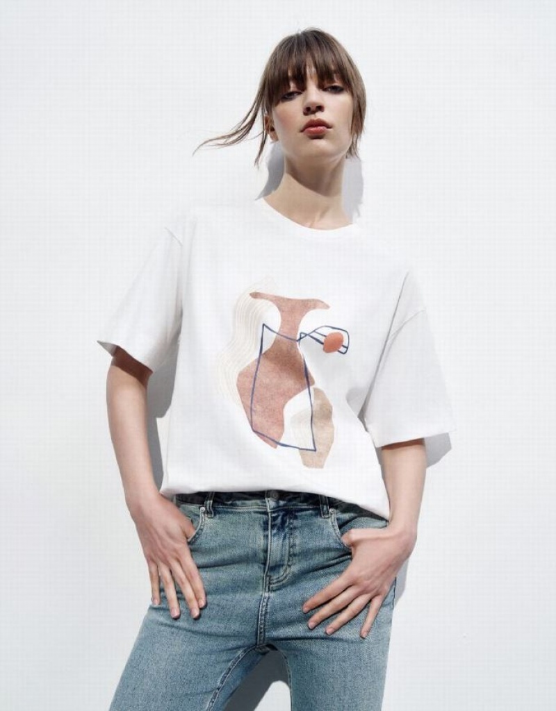White Urban Revivo Printed Crew Neck Loose Women\'s T-Shirts | VYUTCB-812
