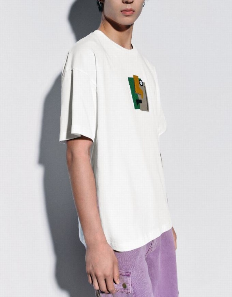 White Urban Revivo Printed Crew Neck Men's T-Shirts | LCFWEA-107