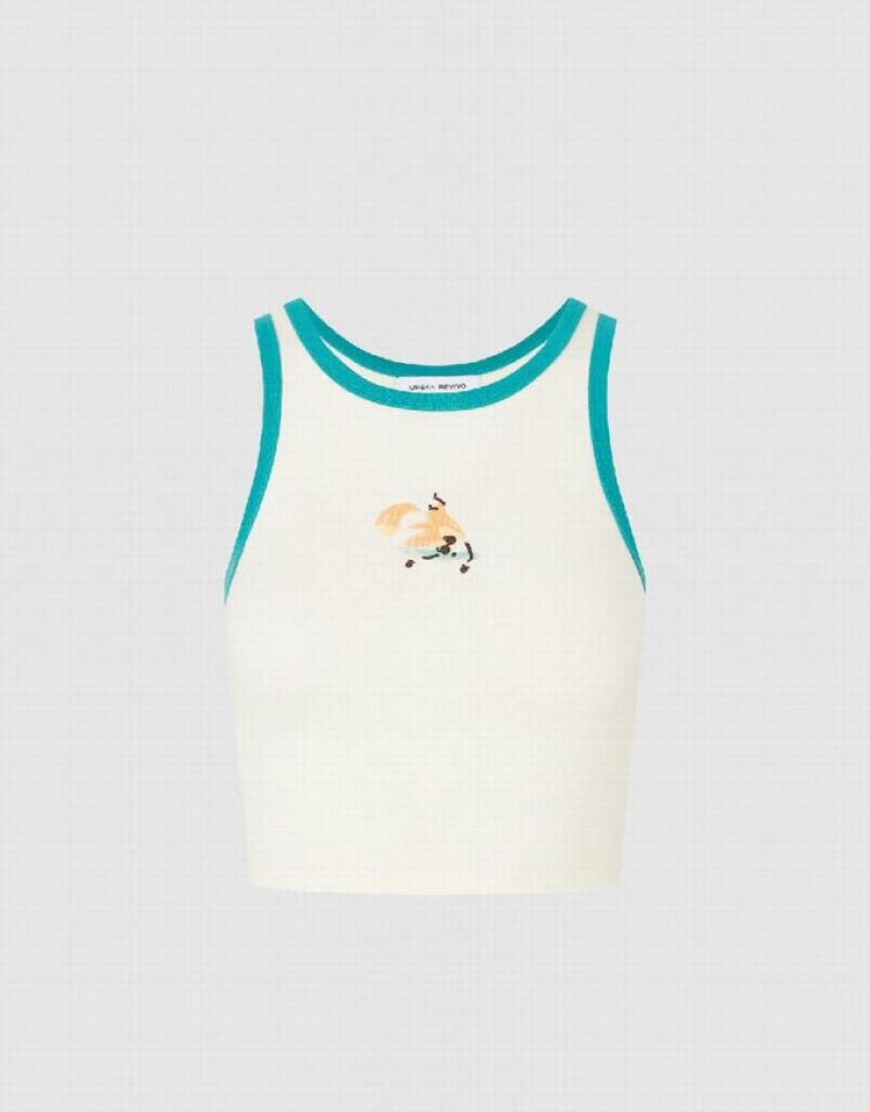 White Urban Revivo Printed Crew Neck Women's Tank Top | JFPTKB-840
