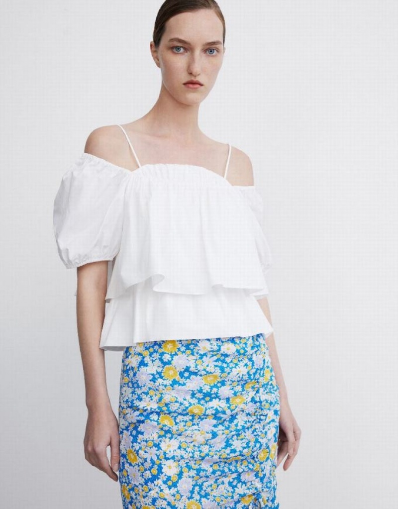 White Urban Revivo Puff Sleeve Off-Shoulder Overhead Women's Blouse | MTVKGP-106