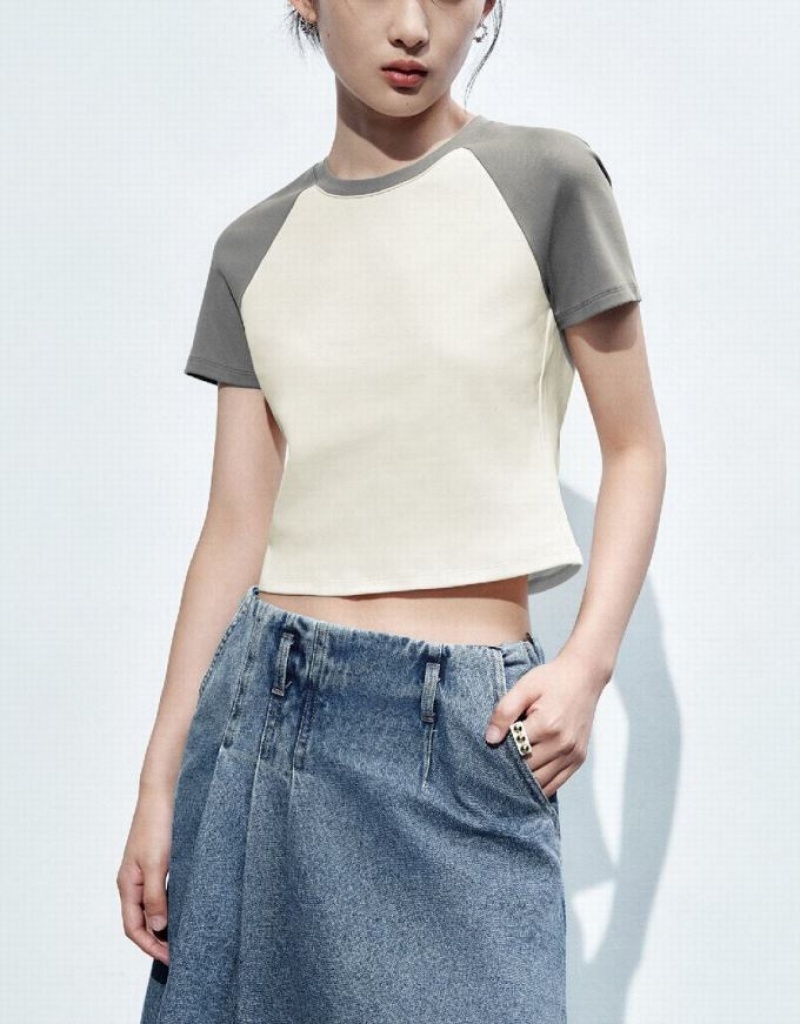 White Urban Revivo Raglan Sleeve Crew Neck Skinny Women's T-Shirts | XETGPU-153