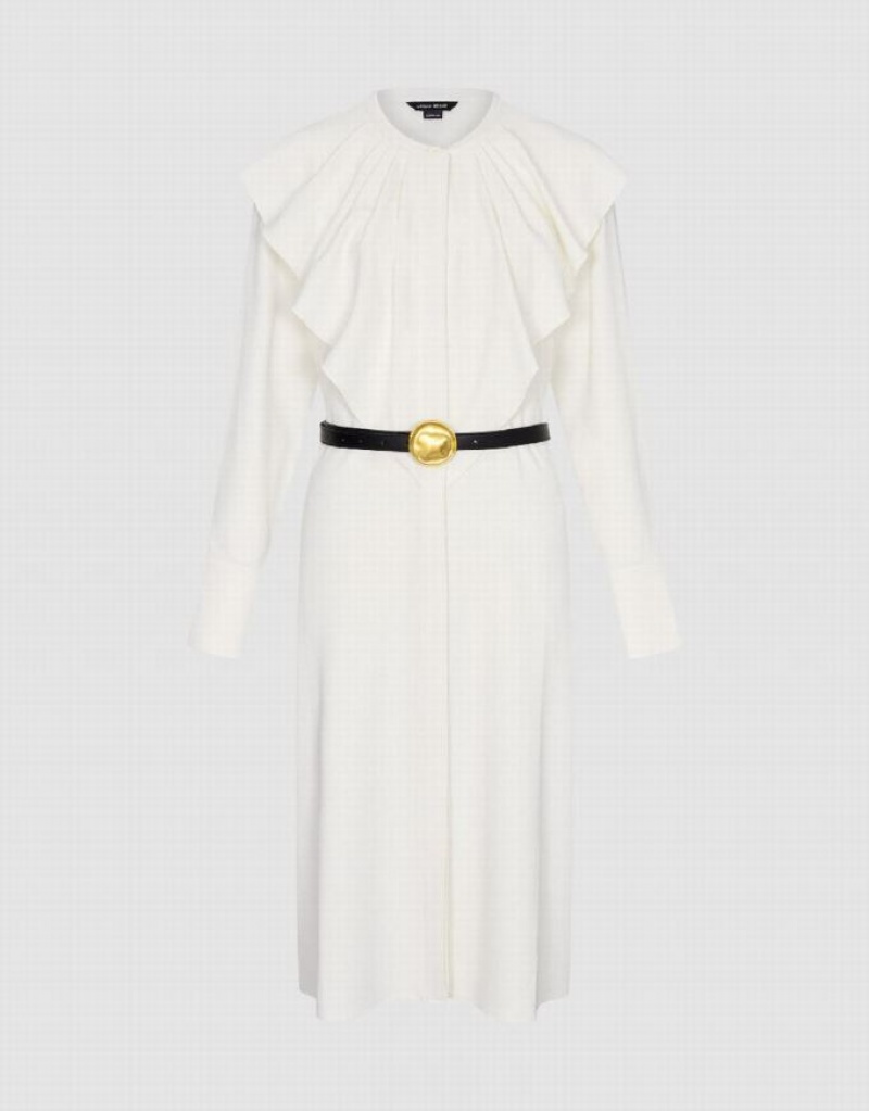 White Urban Revivo Ruffle Crew Neck Skater Women's Short Dress | IPQJWN-189