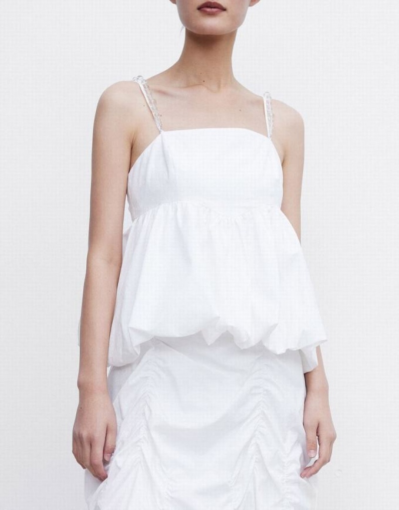 White Urban Revivo Ruffle Hem With Beaded Strap Women's Camisole | PREMQT-261
