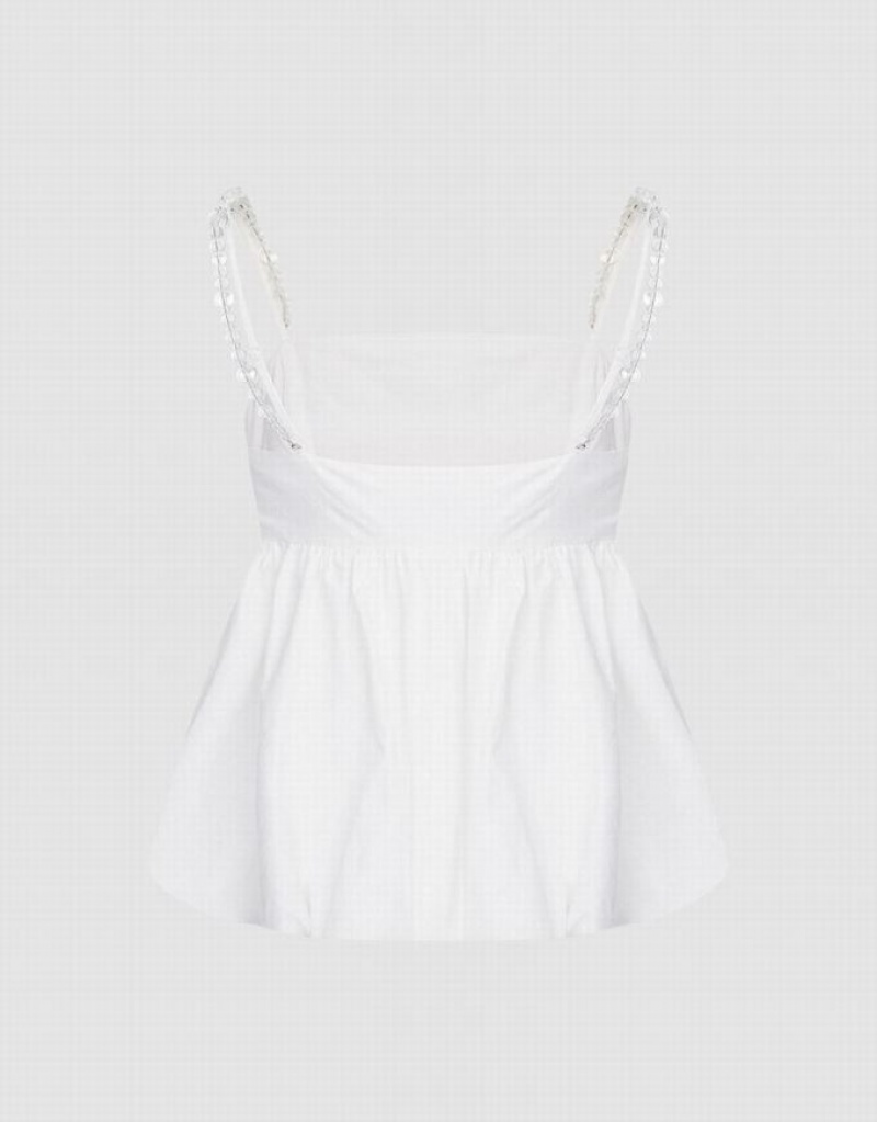 White Urban Revivo Ruffle Hem With Beaded Strap Women's Camisole | PREMQT-261