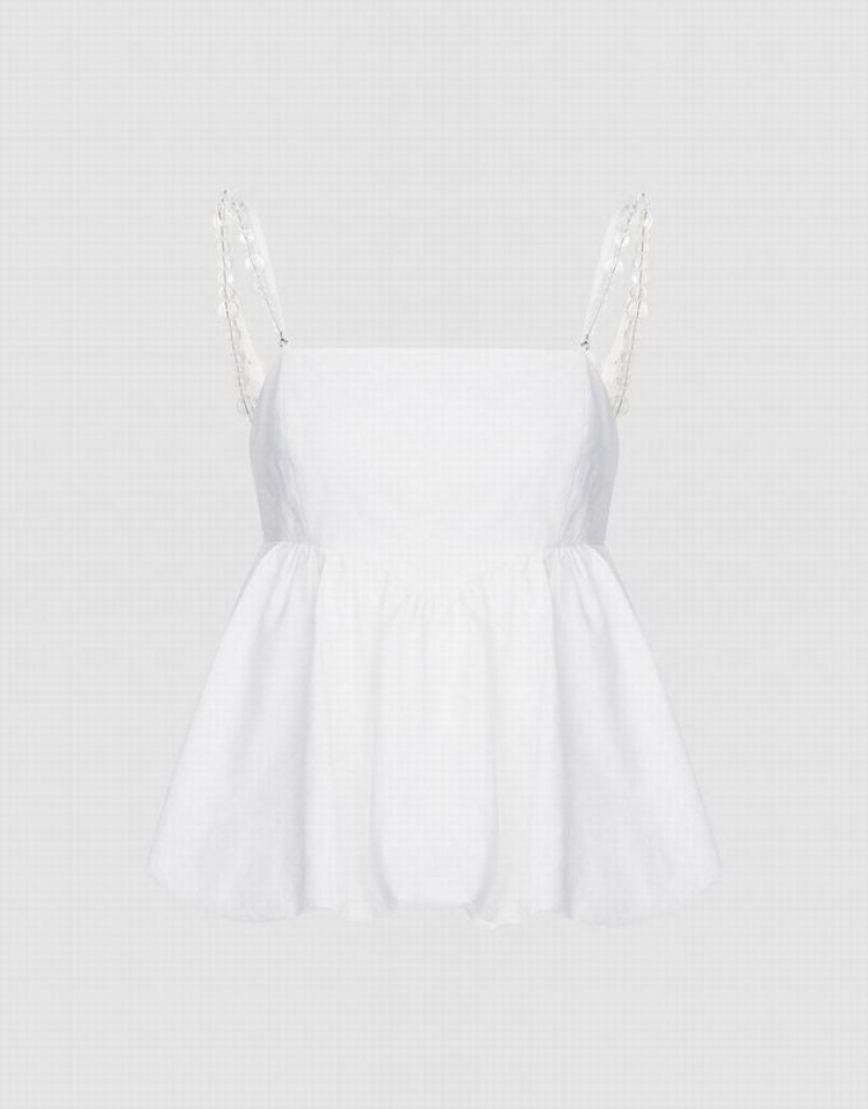 White Urban Revivo Ruffle Hem With Beaded Strap Women\'s Camisole | PREMQT-261