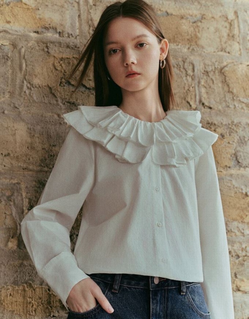 White Urban Revivo Ruffle Lapel Women's Shirts | IBNSMZ-351