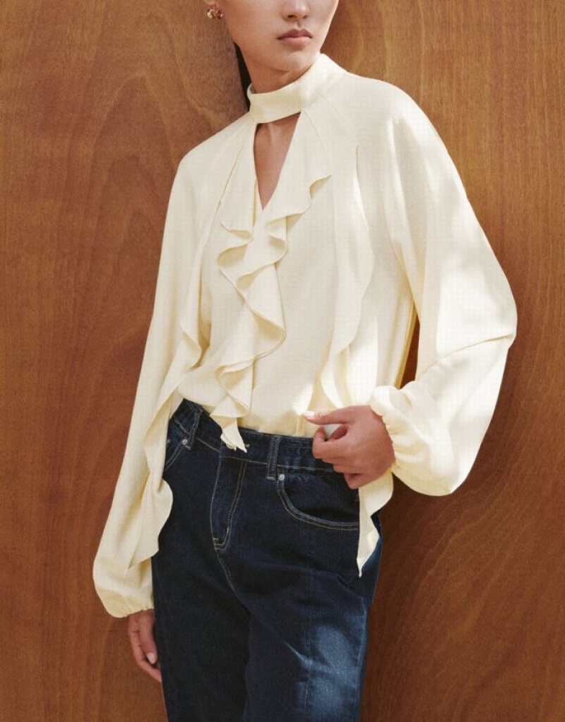 White Urban Revivo Ruffle V-Neck Overhead Women's Blouse | NKWYHF-019