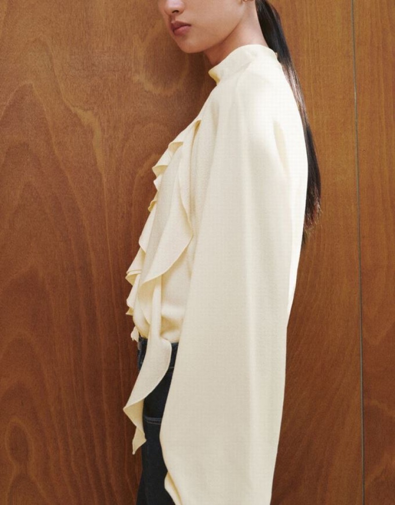 White Urban Revivo Ruffle V-Neck Overhead Women's Blouse | NKWYHF-019