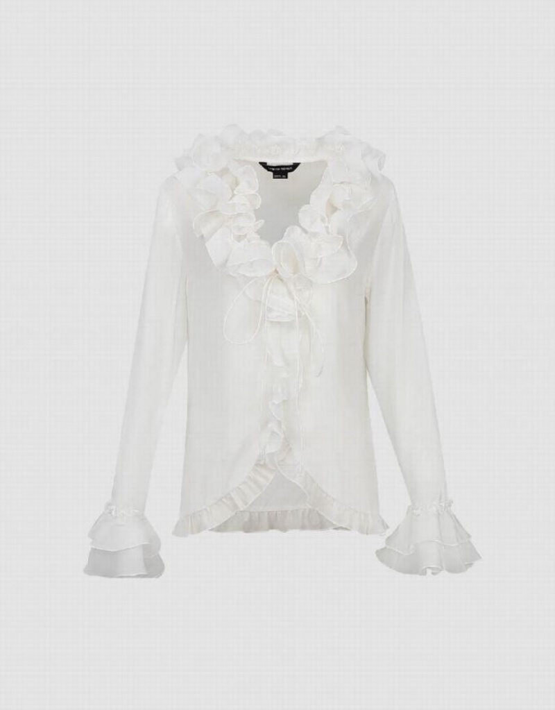 White Urban Revivo Ruffle V-Neck Tie Front Women's Blouse | RTEDUP-017
