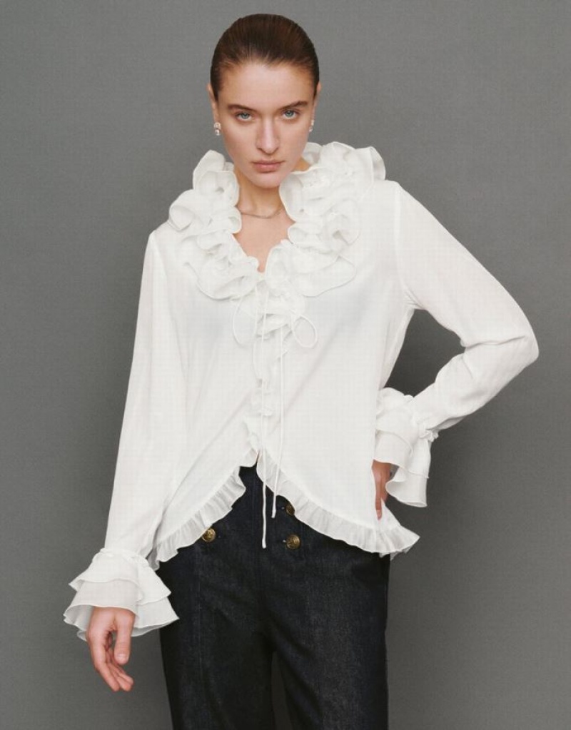 White Urban Revivo Ruffle V-Neck Tie Front Women\'s Blouse | RTEDUP-017