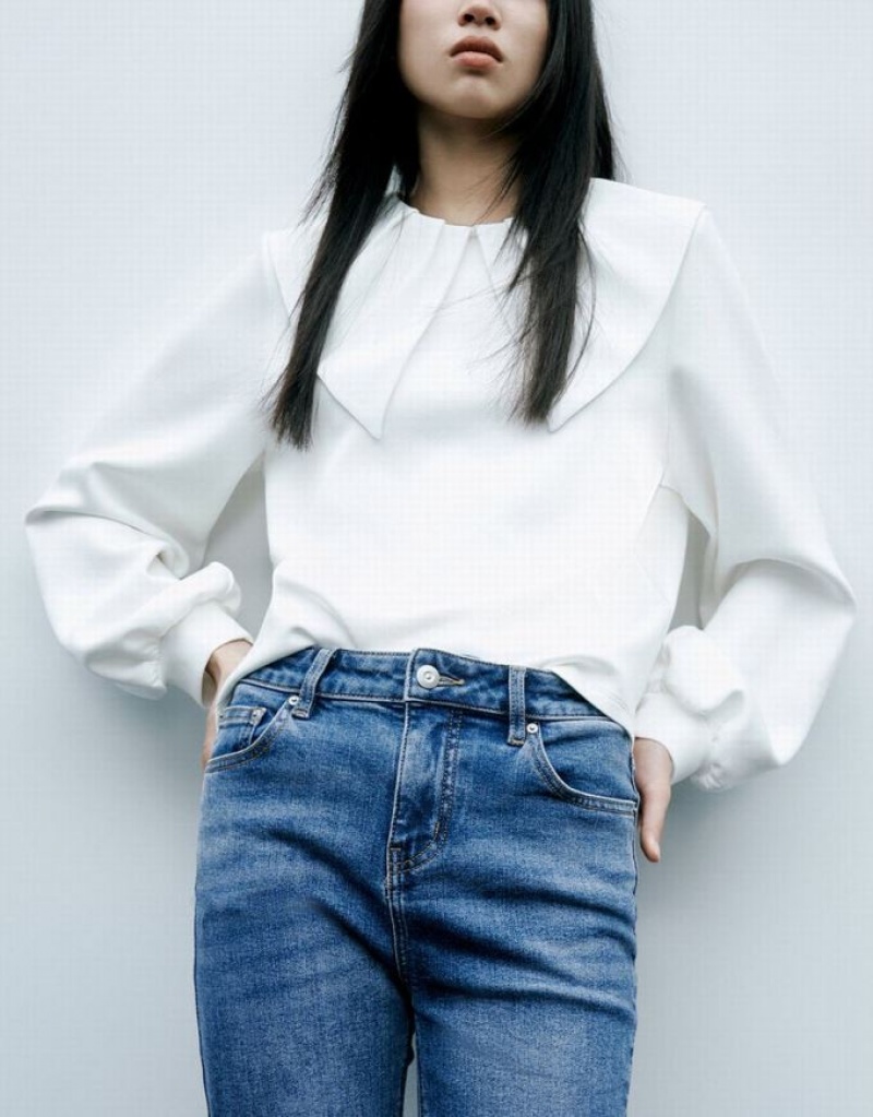 White Urban Revivo Sailor Collar Knitted Women's Blouse | PEOWMC-716