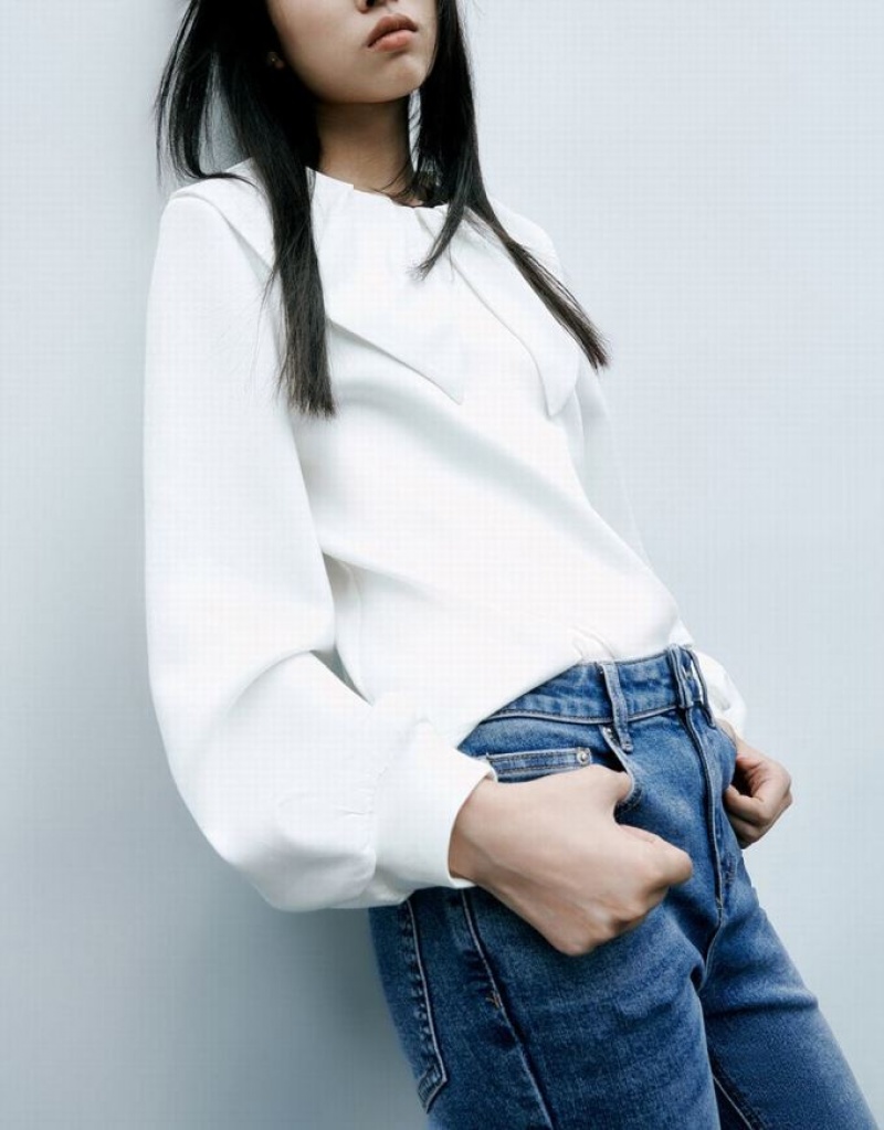 White Urban Revivo Sailor Collar Knitted Women's Blouse | PEOWMC-716