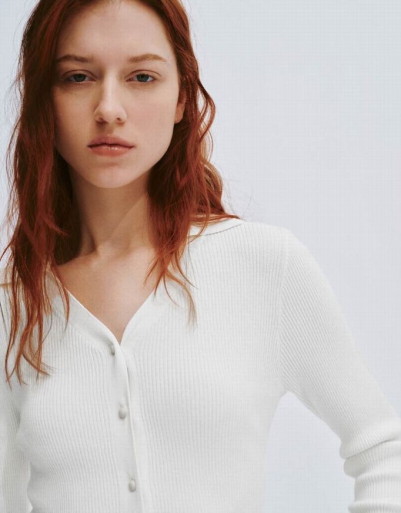 White Urban Revivo Skinny V-Neck Knitted Women's Cardigan | TNJYKI-736