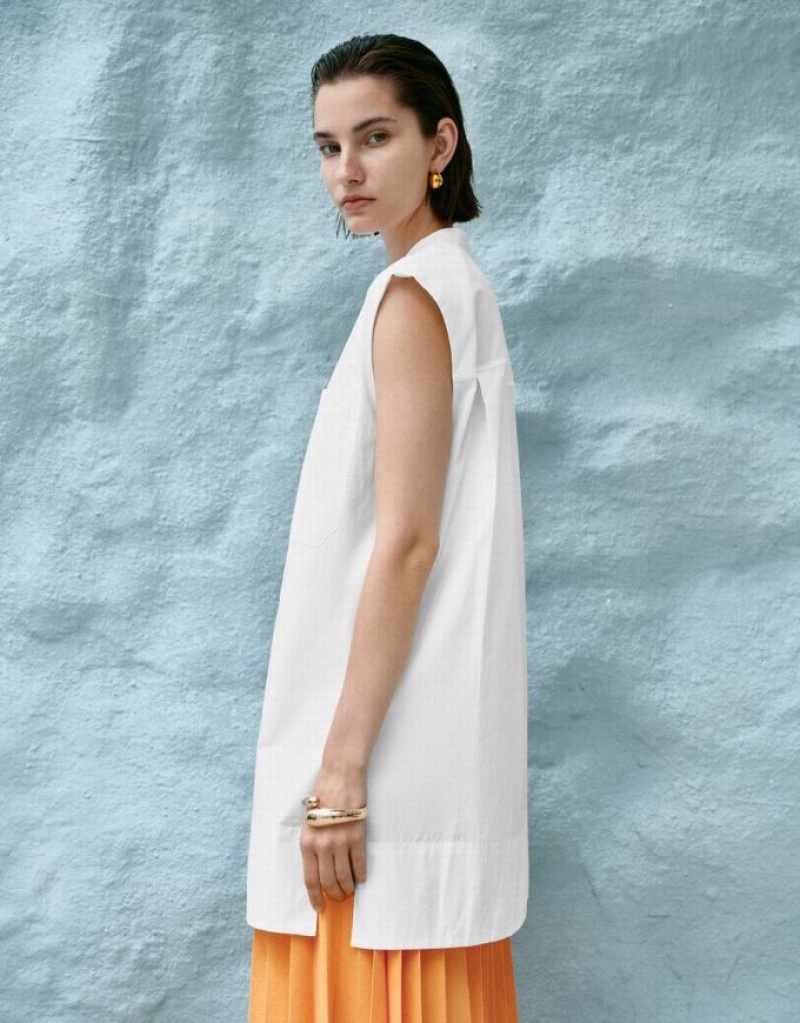 White Urban Revivo Sleeveless Button Up Women's Shirts | QGJWFB-895
