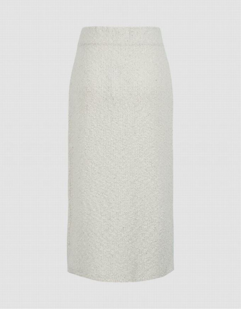 White Urban Revivo Split Hem Tweed Knitted Straight Women's Skirts | PUKBMG-659