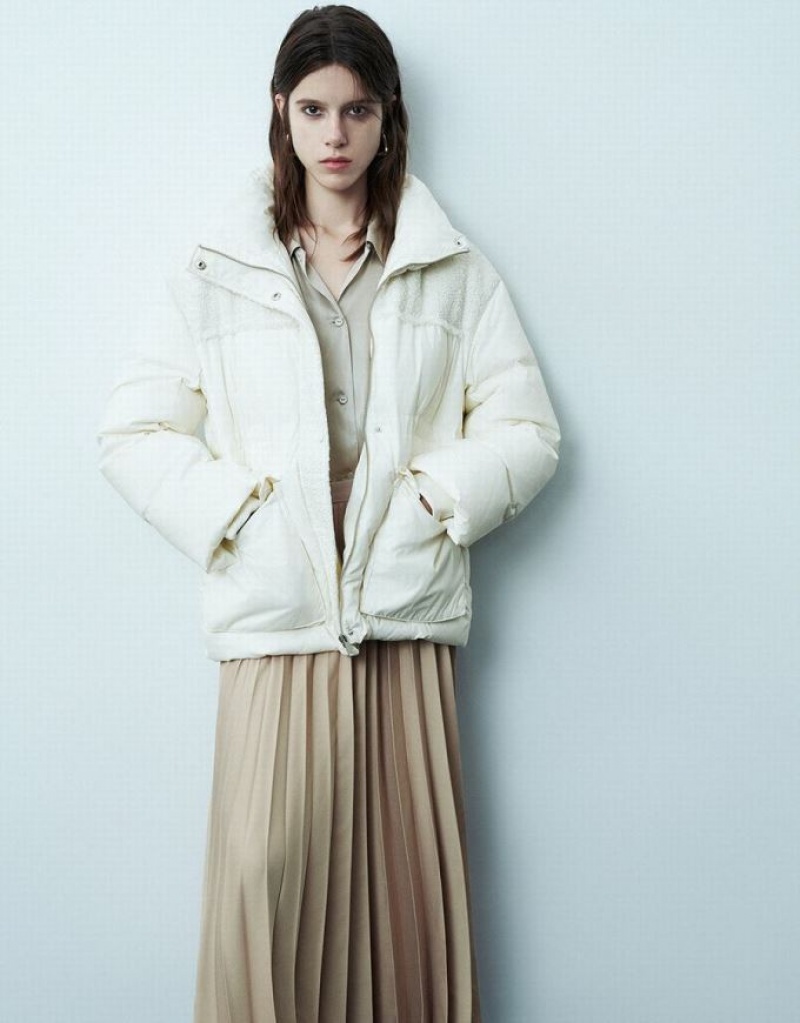 White Urban Revivo Stand Collar Straight Women's Down Jackets | RXCOAB-396