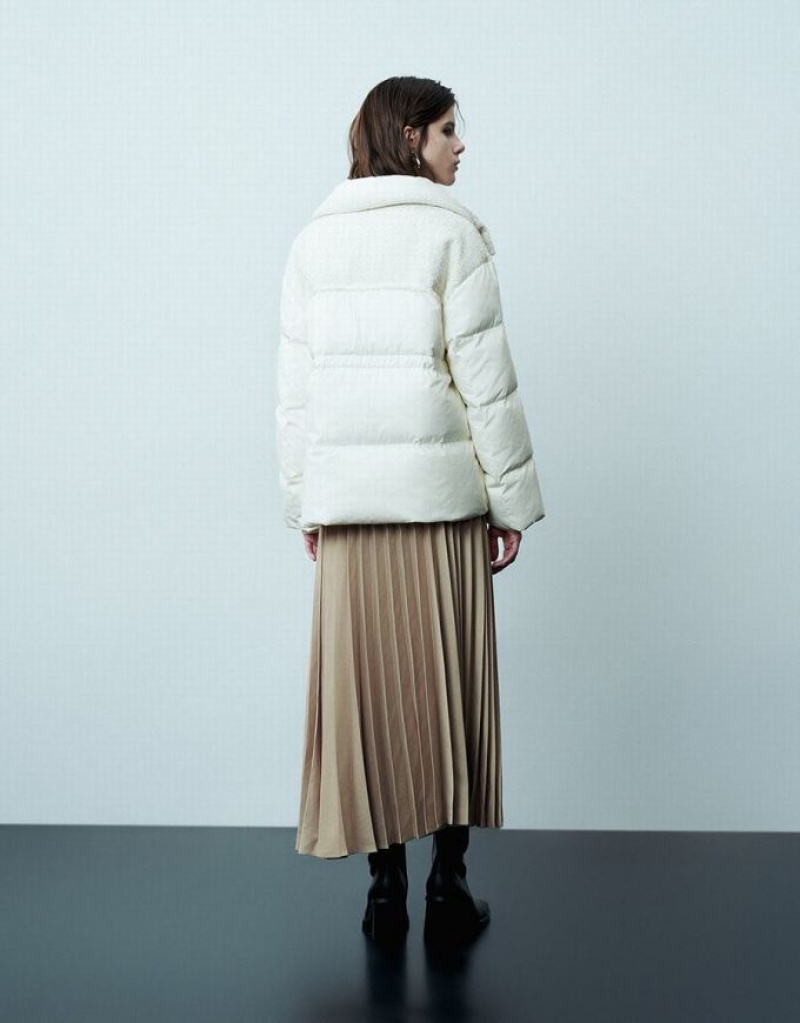 White Urban Revivo Stand Collar Straight Women's Down Jackets | RXCOAB-396