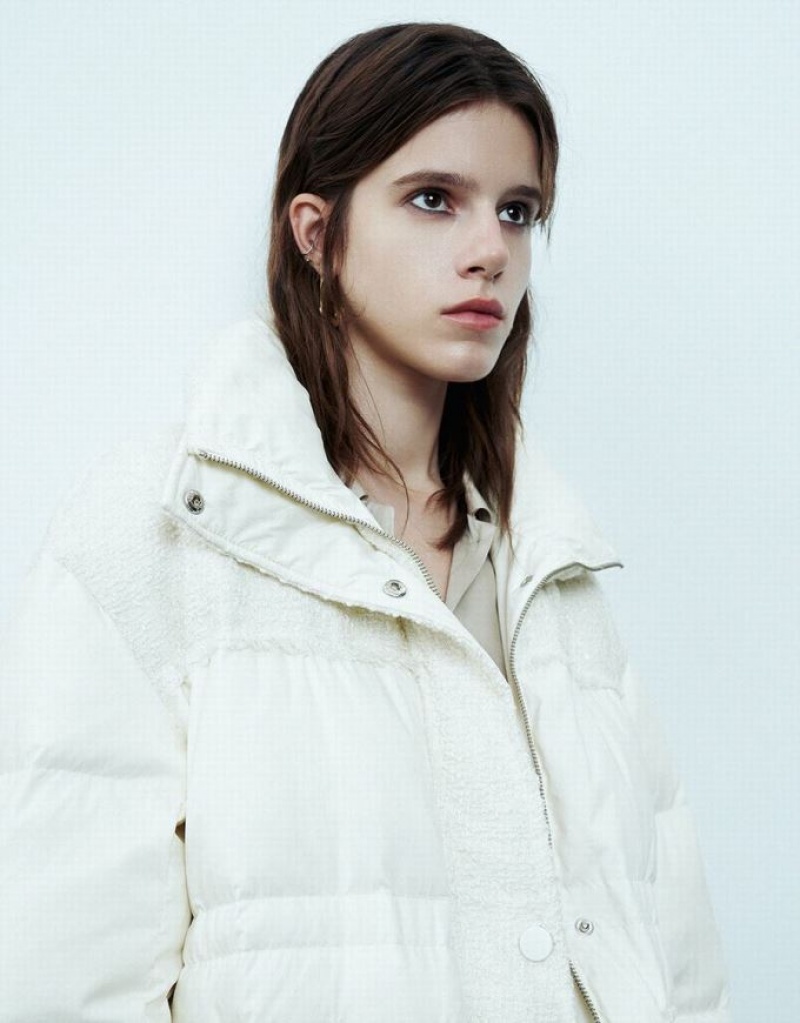 White Urban Revivo Stand Collar Straight Women's Down Jackets | RXCOAB-396