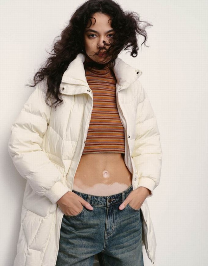 White Urban Revivo Stand Collar Women's Down Jackets | KBMXWF-490