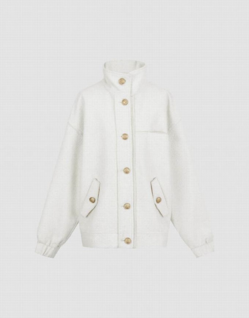 White Urban Revivo Stand Collar Woolen Women's Jacket | UIPTGV-037