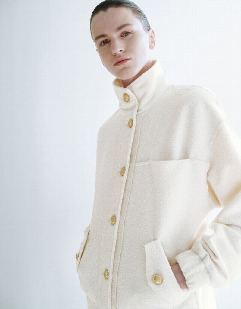 White Urban Revivo Stand Collar Woolen Women's Jacket | UIPTGV-037