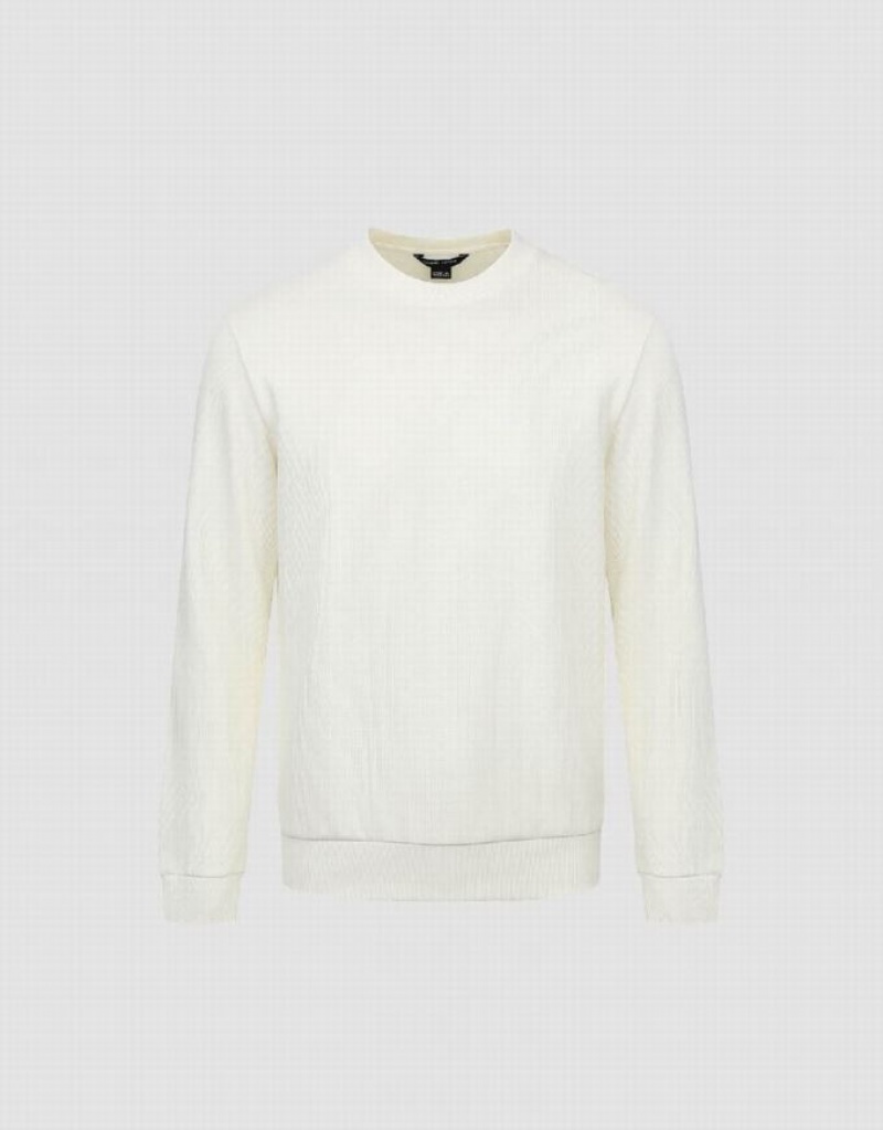 White Urban Revivo Standard Sleeve Crew Neck Men's Sweatshirts | CJNIBY-641