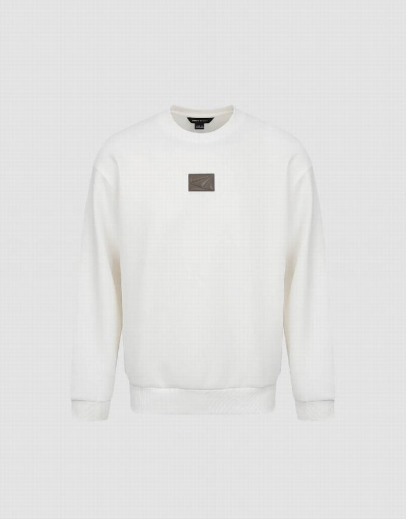 White Urban Revivo Standard Sleeve Crew Neck Men's Sweatshirts | SQMNWV-014