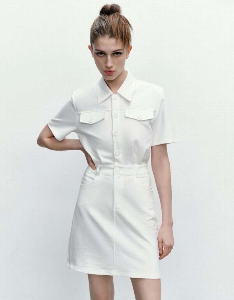 White Urban Revivo Standard Sleeve Lapel Straight Women\'s Dress | JSRHKV-017