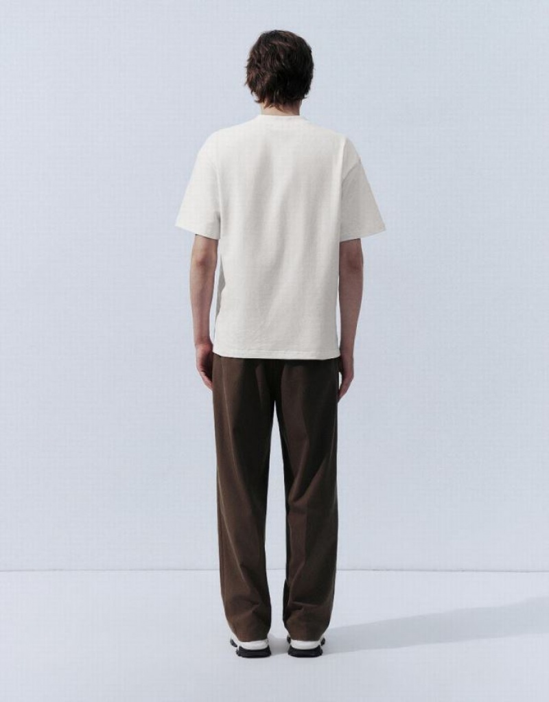 White Urban Revivo Straight Crew Neck Men's T-Shirts | LKGIJR-071