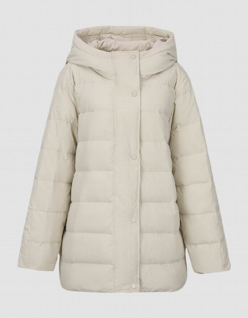 White Urban Revivo Straight Hooded Women's Down Jackets | PRBGQT-410