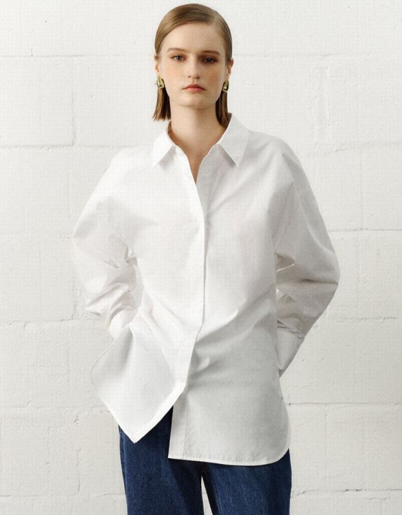 White Urban Revivo Straight Loose Women\'s Shirts | DELBNJ-258
