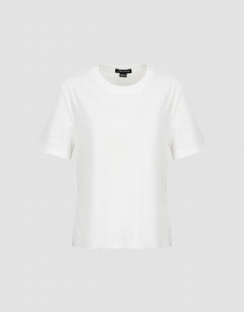 White Urban Revivo Striped Crew Neck Straight Women's T-Shirts | AVBEOF-826