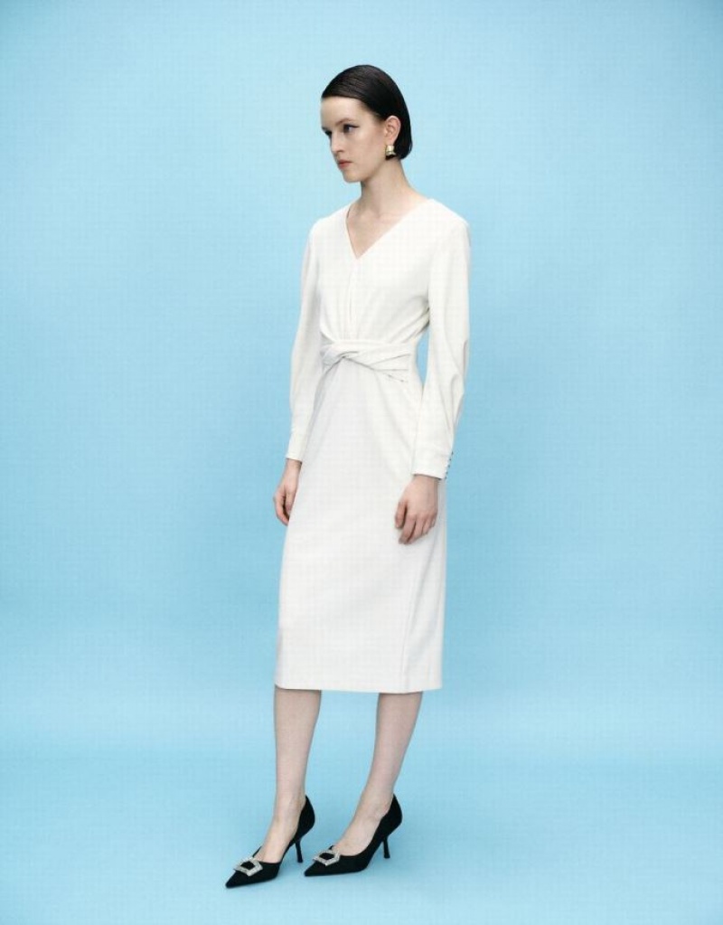 White Urban Revivo Surplice Front Straight Women's Dress | SEVRGN-195