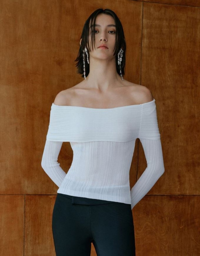White Urban Revivo Textured Crew Neck Knitted Women\'s Cardigan | USTZLY-759