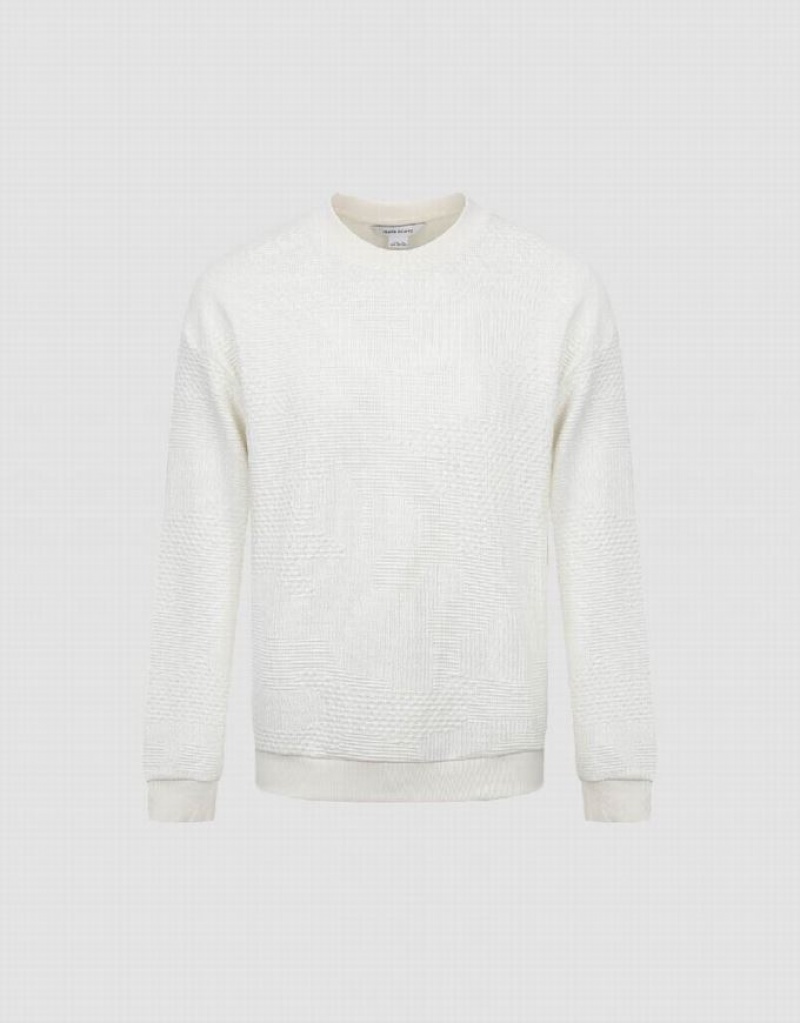 White Urban Revivo Textured Crew Neck Men's Sweatshirts | MXEWZB-168