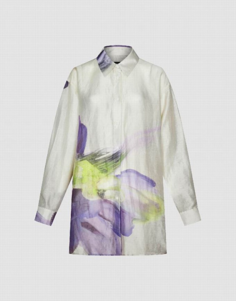 White Urban Revivo Textured Printed Straight Women's Shirts | HMPDBL-172