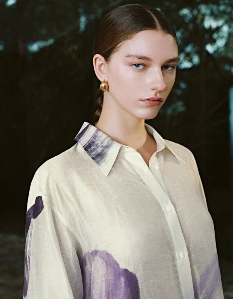 White Urban Revivo Textured Printed Straight Women's Shirts | HMPDBL-172