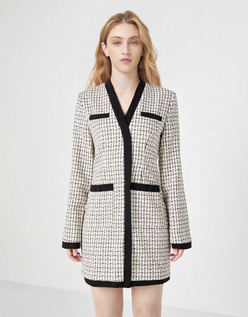 White Urban Revivo Tweed Plaid Contrast Trim Women\'s Casual Dress | JWKRIM-032