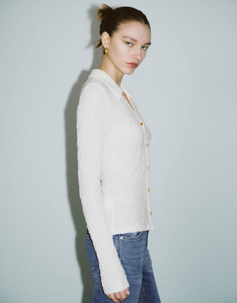 White Urban Revivo V-Neck Knitted Skinny Women's T-Shirts | DLZAGI-175